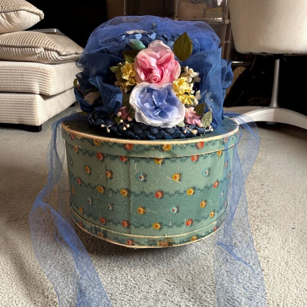 Ruth Stockley Original Women's Vintage Navy Blue Floral Hat Veil original box
